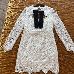 Mossman Women's White Lace Long-Sleeve Dress with Black Bow Detail